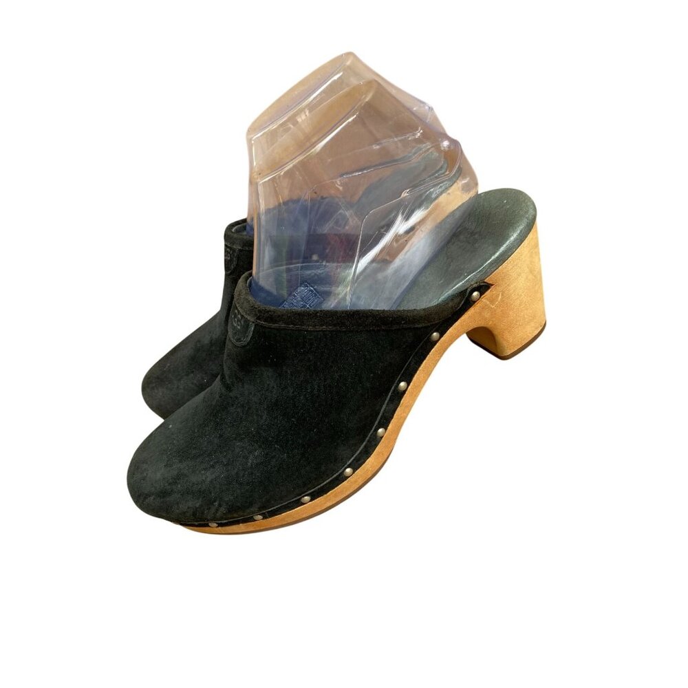 UGG Womens Abbie 5772 Black Suede Clogs Wooden Heel Size 8 Mule Slip on heel